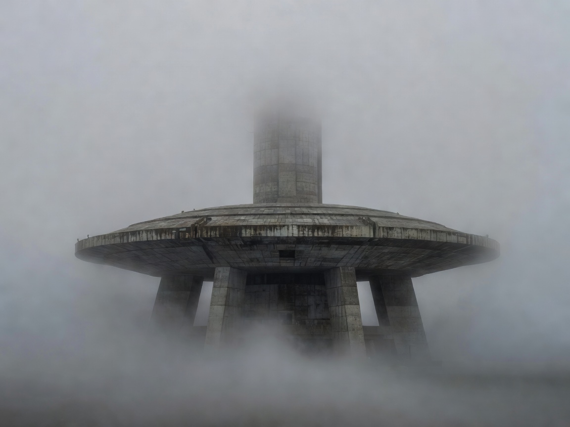 Buzludzha Monument brutalist concrete structure in fog