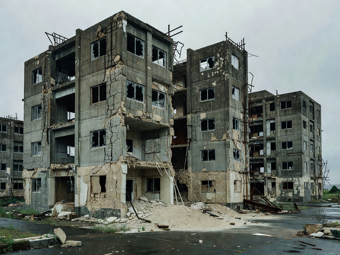 Decaying monolithic concrete apartment blocks on Hashima Island